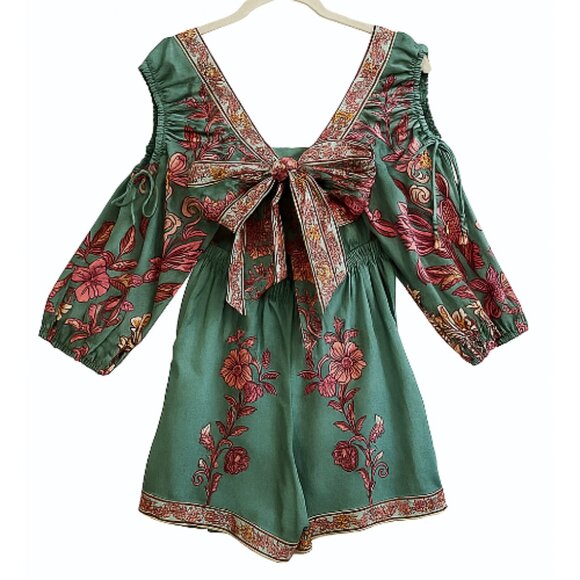 NWT Farm Rio Anthropologie Puff-Sleeve Square-Neck Romper Green S Floral Boho - Picture 2 of 15